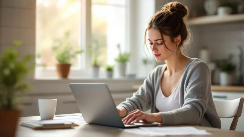 Frau am Laptop in einem hellen Raum in Kaiserslautern bereitet Unterlagen für die Agentur für Arbeit vor