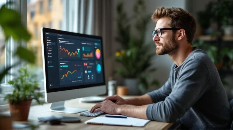 Quereinsteiger im Homeoffice mit Forschungs-Dashboards, im Hintergrund Pfälzische Sandsteinhäuser